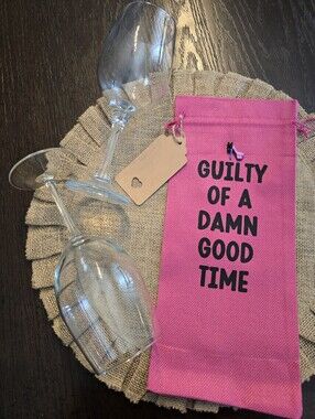 Guilty Of A Good Time Wine Bag Funny Pink Burlap Tote Bachelorette Girls Night🍷